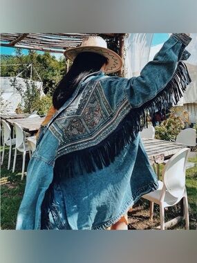 Oversized Embroidered Fringe Denim Jacket - NWT - Size Medium